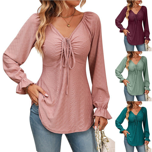 Damen Blusenshirt mit V-Ausschnitt und bindbarem Detail Heidi-Mode