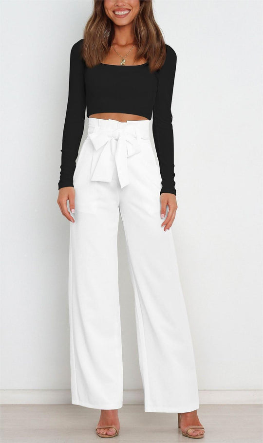 Damen Weit geschnittene High-Waist-Hose mit Binde-Gürtel und Taschen Heidi-Mode