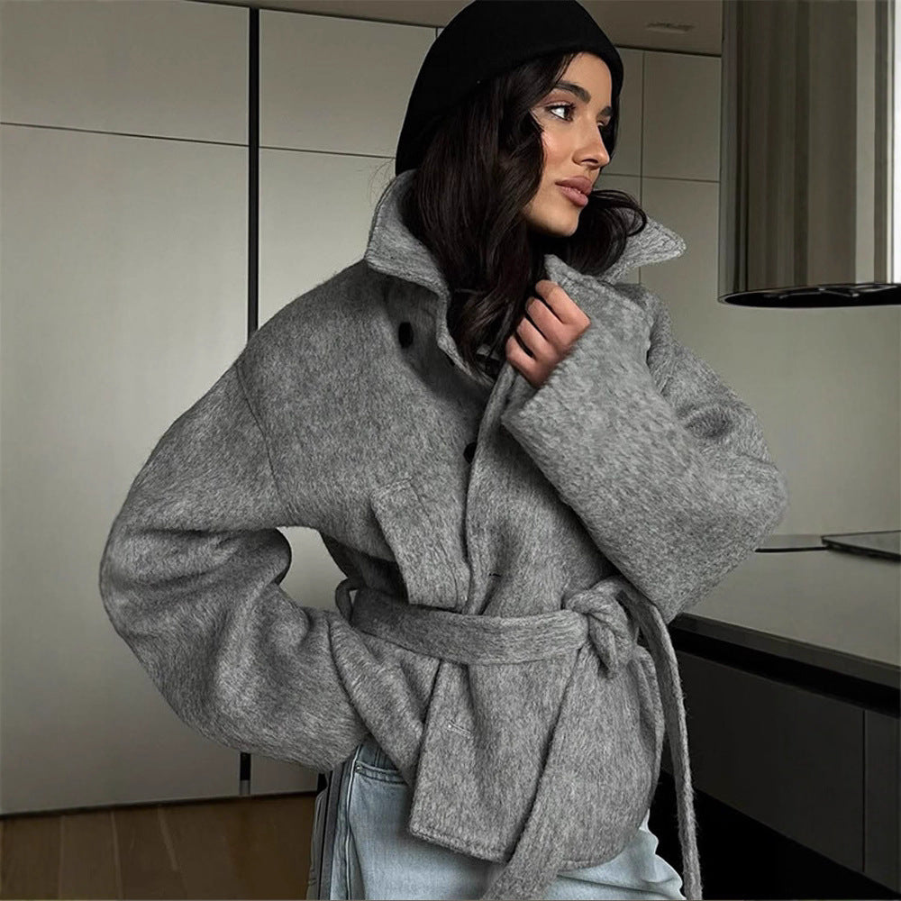 Damen elegante Oversized-Wolljacke mit Gürtel Heidi-Mode