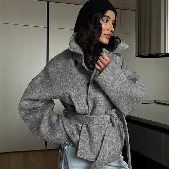 Damen elegante Oversized-Wolljacke mit Gürtel Heidi-Mode