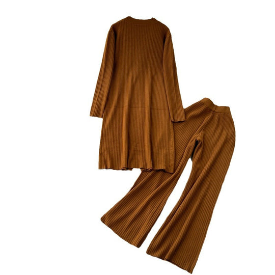 Damen elegantes Strickanzug mit V-Ausschnitt und weitem Bein Heidi-Mode