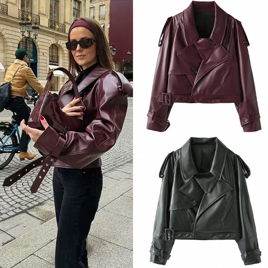 Damen coole cropped Kunstlederjacke mit asymmetrischem Kragen und modischem Design Heidi-Mode