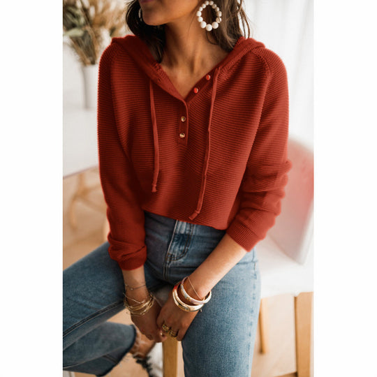 Damen lässiger Kapuzenpullover mit Knopfleiste und hohem Kragen Heidi-Mode