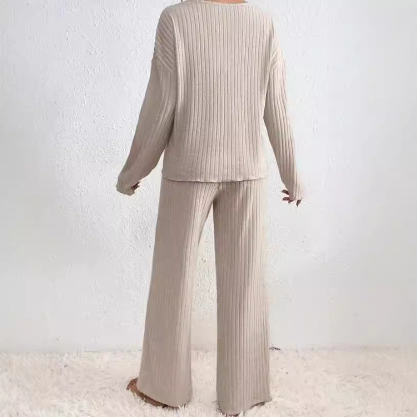 Damen Gemütlicher Strickanzug mit V-Ausschnitt und Rippstruktur Heidi-Mode