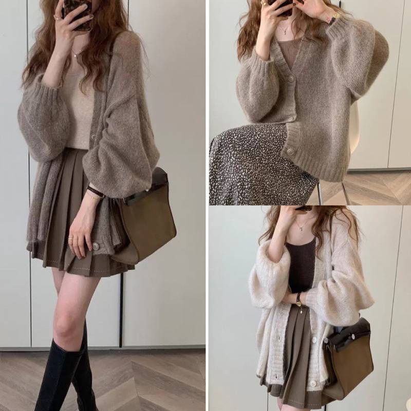 Damen Flauschiger Strickcardigan mit voluminösen Ärmeln und Knopfdetails Heidi-Mode