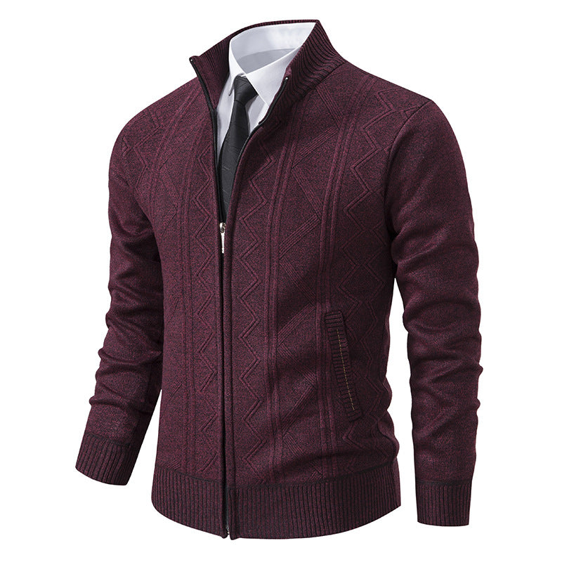 Herren elegante Strickjacke mit strukturiertem Zopfmuster und hohem Kragen Heidi-Mode