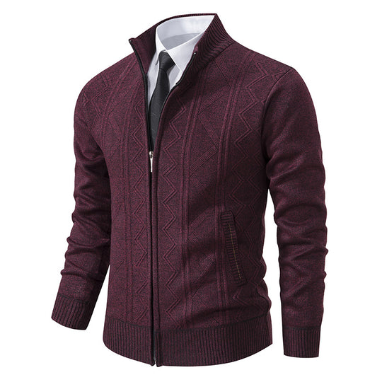 Herren elegante Strickjacke mit strukturiertem Zopfmuster und hohem Kragen Heidi-Mode