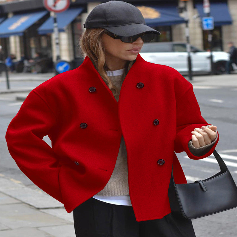 Damen modische Wolljacke mit doppelter Knopfleiste und hohen Kragen Heidi-Mode