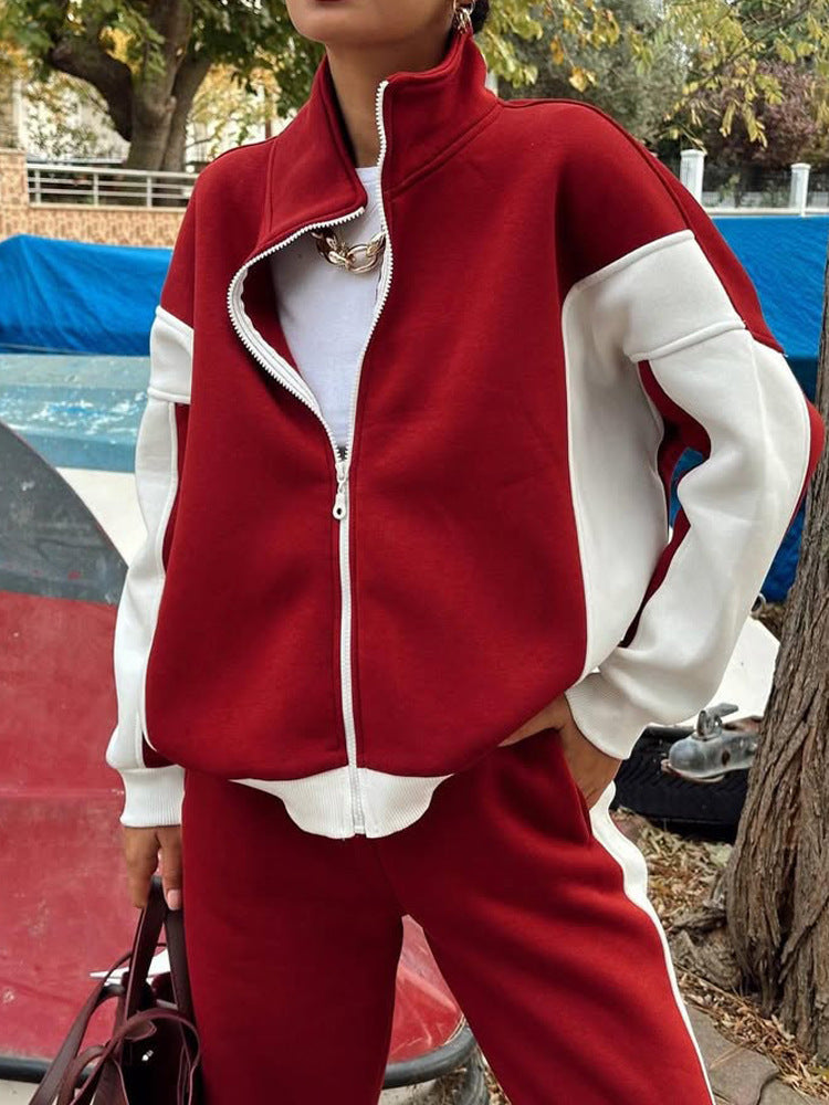 Damen sportliches Fleece-Ensemble mit lässigem Reißverschluss und weitem Schnitt Heidi-Mode
