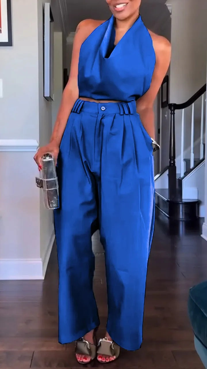 Damen Halterneck Satin Overall mit taillierten Hosen Heidi-Mode
