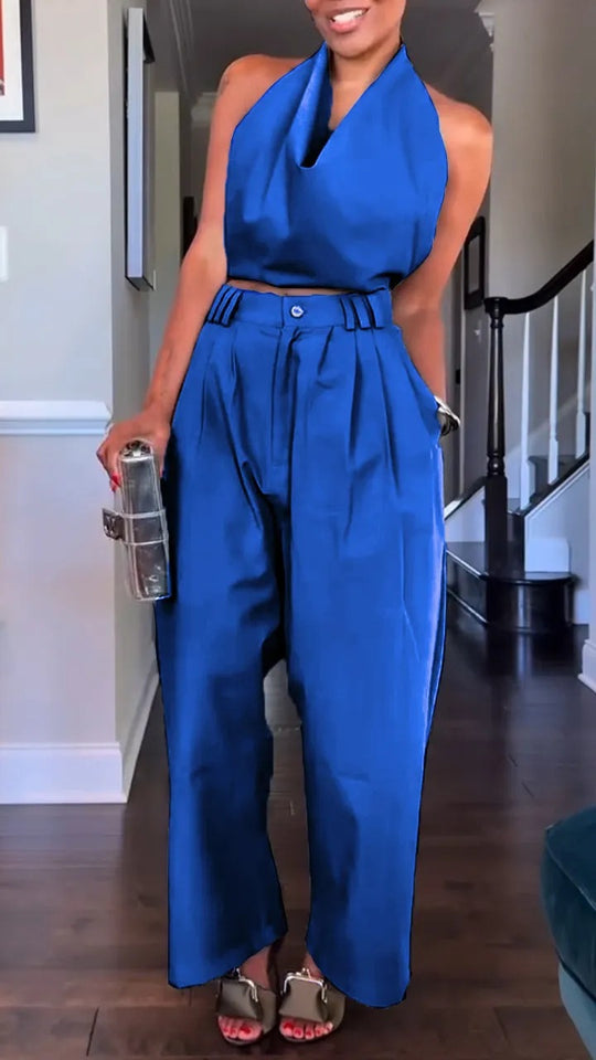 Damen Halterneck Satin Overall mit taillierten Hosen Heidi-Mode