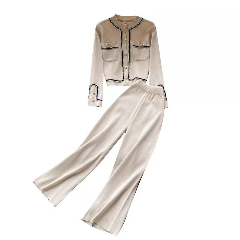Damen elegantes Strick-Loungewear-Set mit feinen Knopfdetails und weitem Bein Heidi-Mode