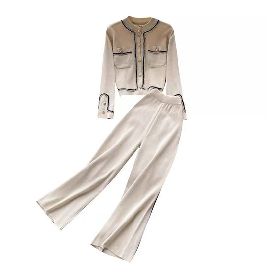 Damen elegantes Strick-Loungewear-Set mit feinen Knopfdetails und weitem Bein Heidi-Mode