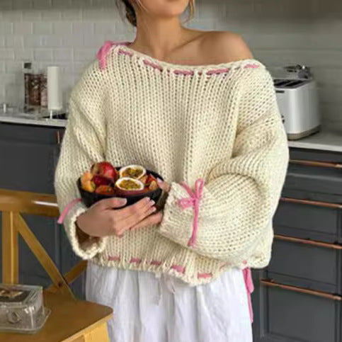 Damen lässiger Pullover mit offener Schulter und dekorativem Bindegürtel Heidi-Mode