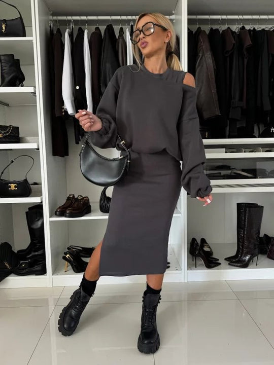 Damen modisches Sweatshirt und Midi-Rock Set Heidi-Mode