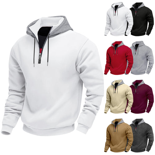 Herren Kapuzenpullover mit halbem Reißverschluss und kontrastierendem Innenfutter Heidi-Mode