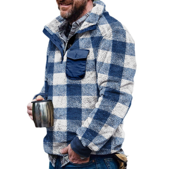 Herren Fleece-Pullover mit Karomuster und hohem Kragen Heidi-Mode