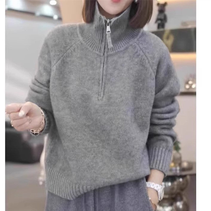 Damen Strickpullover mit hohem Kragen und praktischem Reißverschluss Heidi-Mode