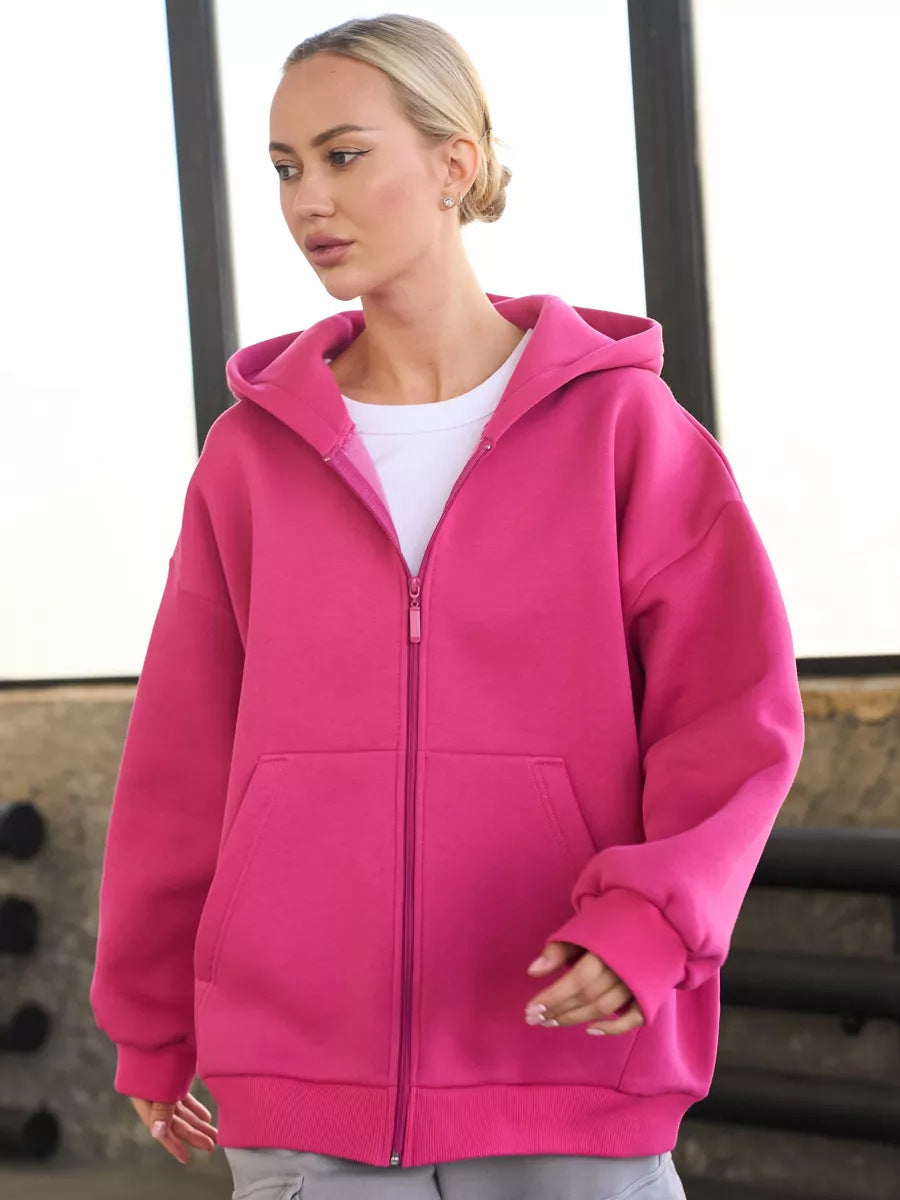 Damen oversized Kapuzenjacke mit durchgehendem Reißverschluss und großen Taschen Heidi-Mode