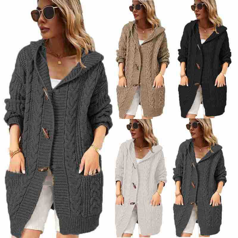 Damen Strickjacke mit Kapuze und Knopfdetails Heidi-Mode