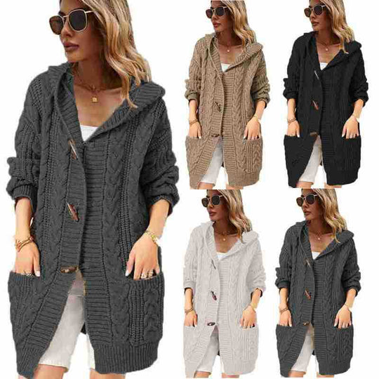 Damen Strickjacke mit Kapuze und Knopfdetails Heidi-Mode
