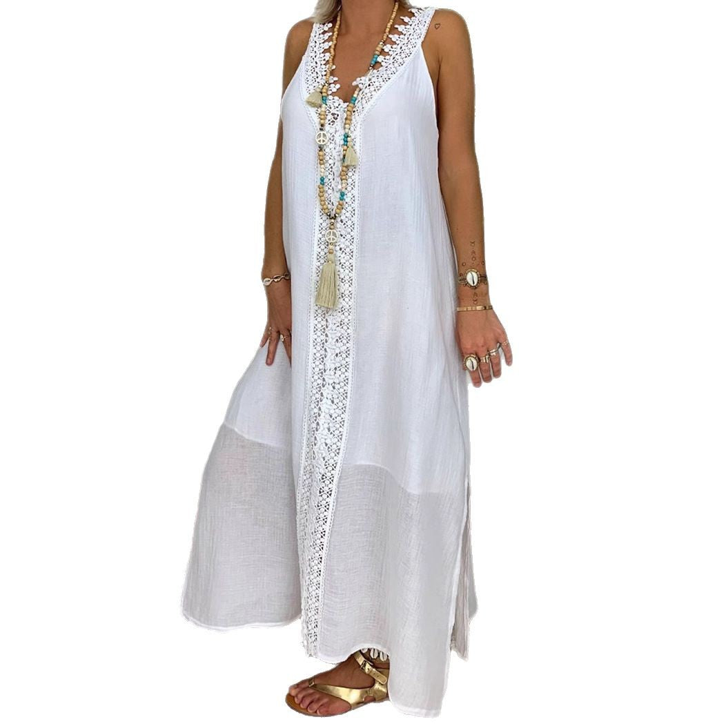 Damen Maxi-Strandkleid mit elegantem Spitzenbesatz und seitlichen Schlitzen Heidi-Mode