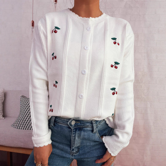 Damen Strickjacke mit verspieltem Kirschmuster und dekorativen Knopfdetails Heidi-Mode