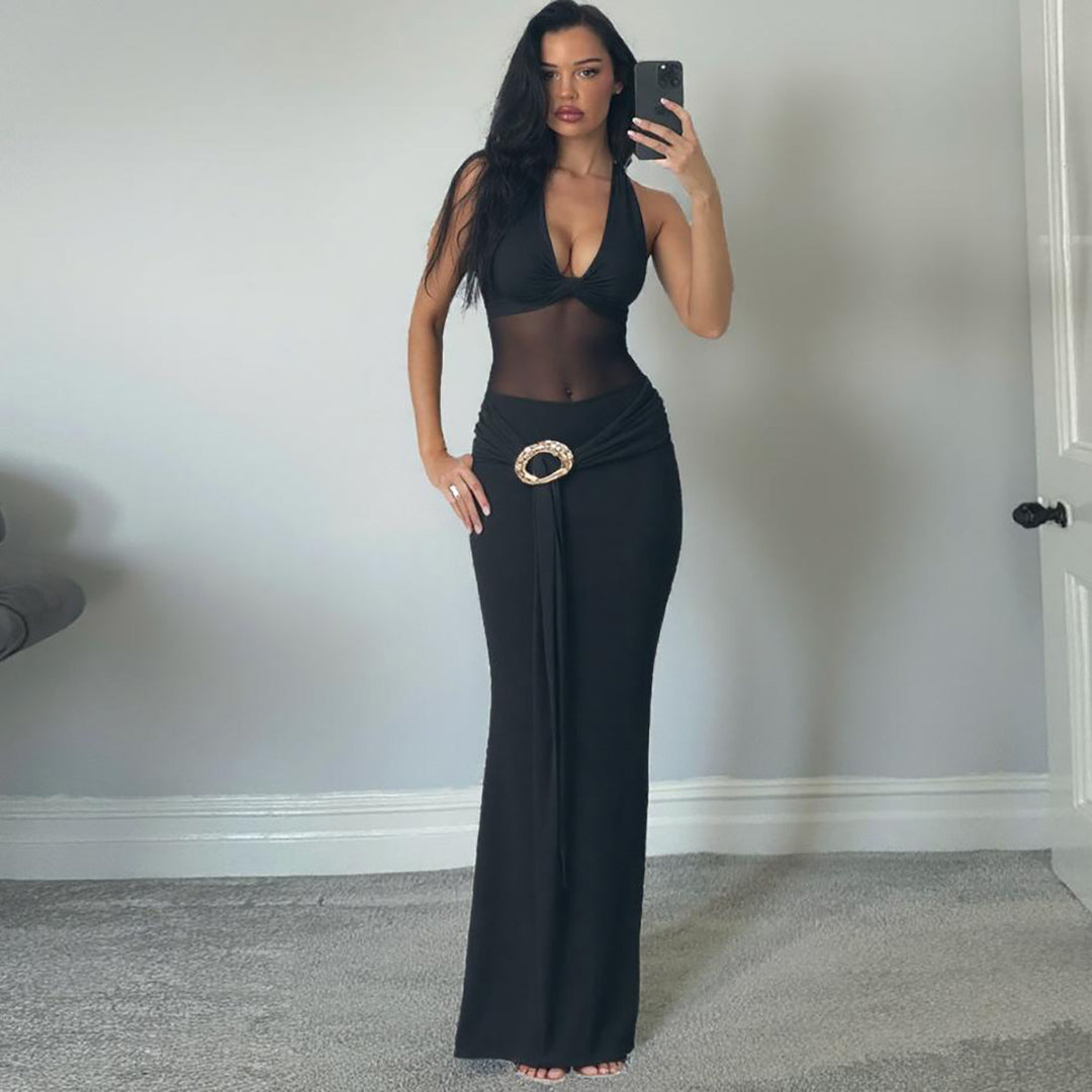 Damen Maxi-Überwurfkleid mit transparentem Material und eleganter Gürtelschnalle Heidi-Mode