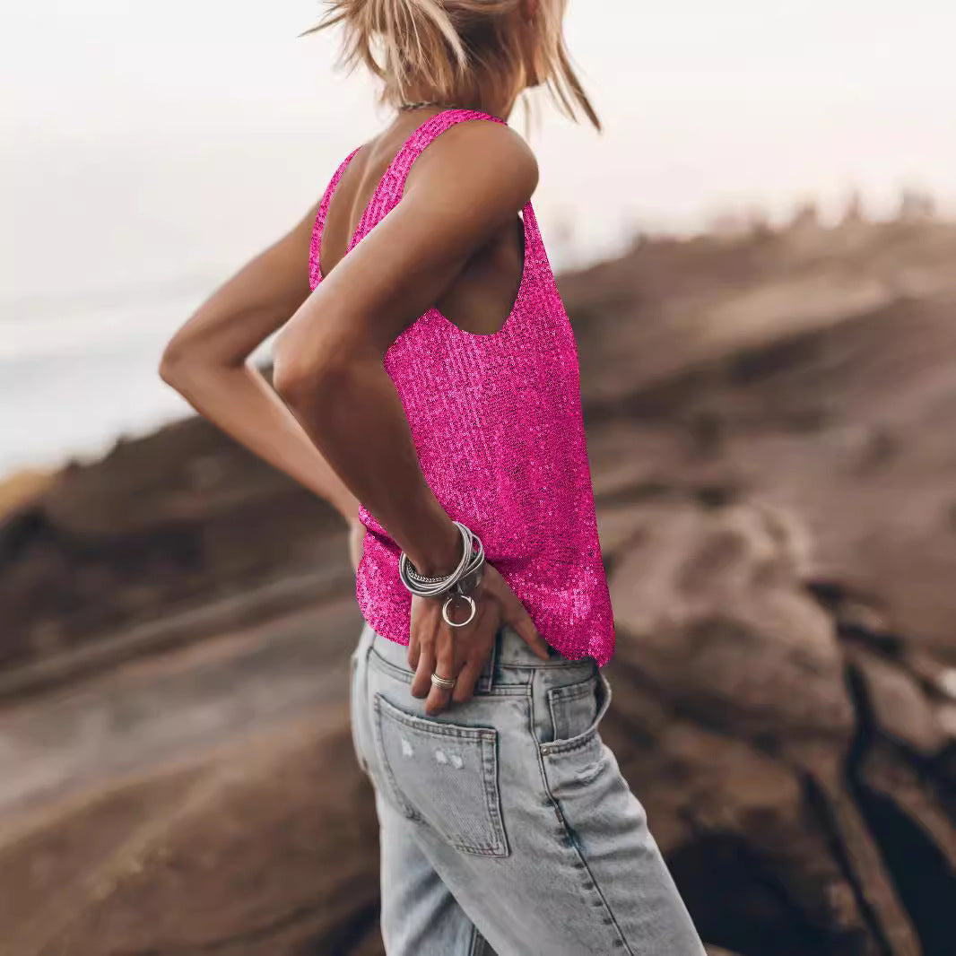Damen Glitzerndes Top mit tiefem Rundhalsausschnitt und leichter A-Linie Heidi-Mode