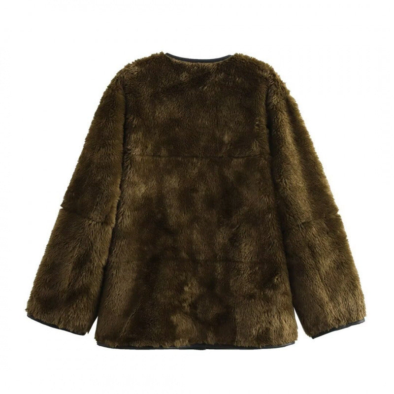 Damen Teddyjacke mit kontrastierenden Taschen und Knopfdetails Heidi-Mode