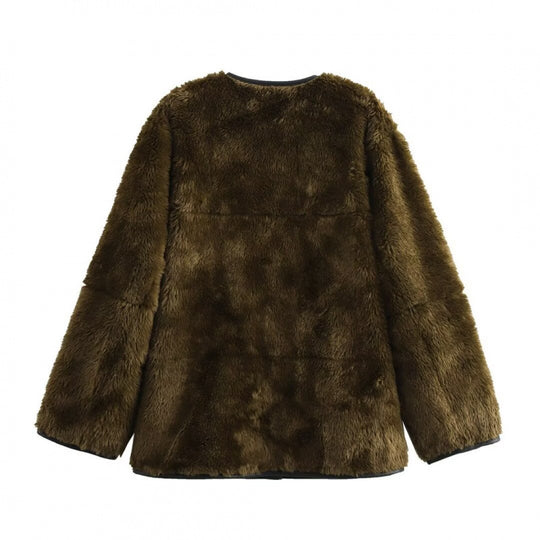 Damen Teddyjacke mit kontrastierenden Taschen und Knopfdetails Heidi-Mode