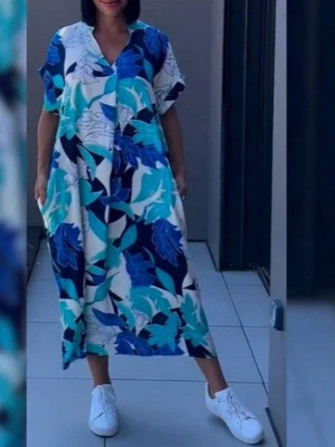 Damen Luftiges Freizeitkleid mit V-Ausschnitt und praktischen Taschen Heidi-Mode