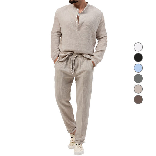 Herren Freizeit-Set aus atmungsaktivem Material mit Knopfleiste und elastischem Bund Heidi-Mode