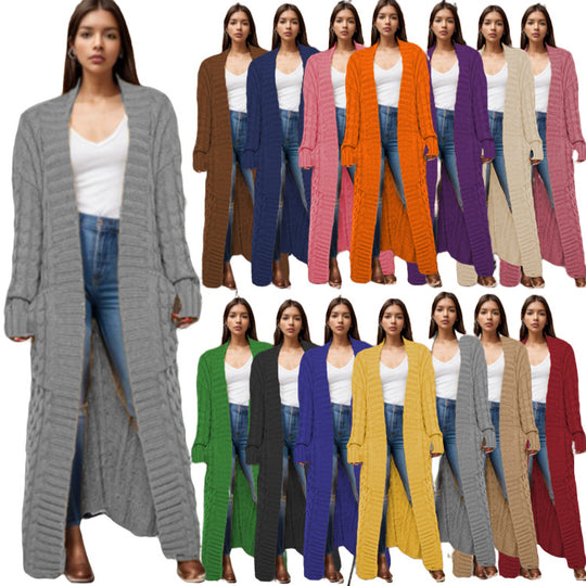 Damen Langer Strickcardigan mit raffiniertem Zopfdesign und praktischen Taschen Heidi-Mode