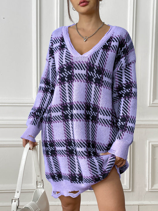Damen V-Ausschnitt Pulloverkleid mit kariertem Muster und lässigem Schnitt Heidi-Mode