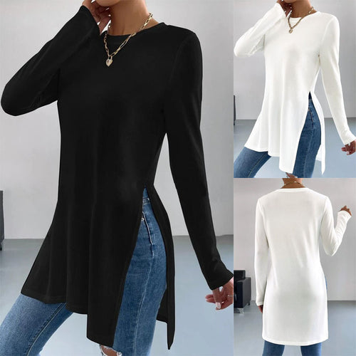 Damen asymmetrisches Longsleeve-Oberteil mit seitlichen Schlitzen und lässigem Schnitt Heidi-Mode
