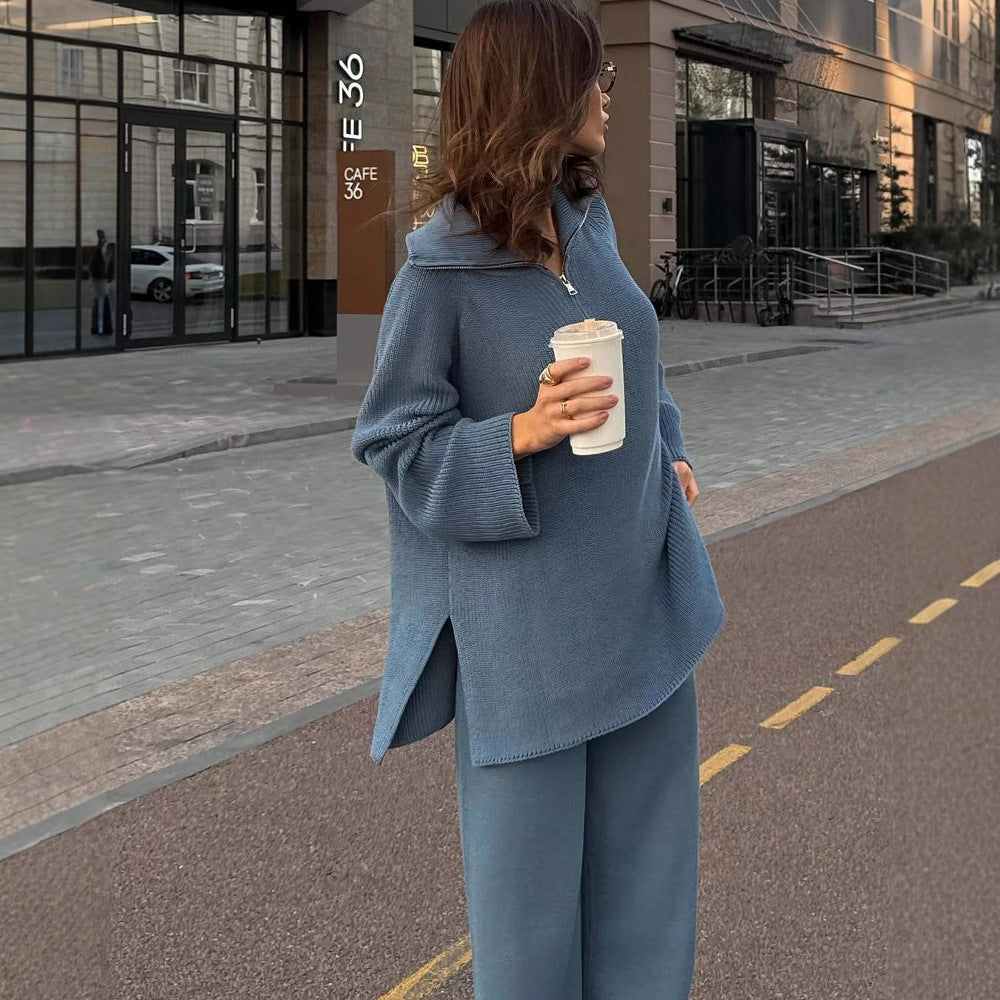 Damen lässiger Strickpullover mit Kapuze und modernem Reißverschluss Heidi-Mode