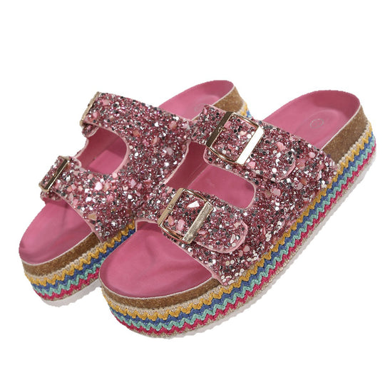 Damen Glitzernde Plateau-Sandalen mit Doppelschnalle und mehrfarbigem Boden Heidi-Mode