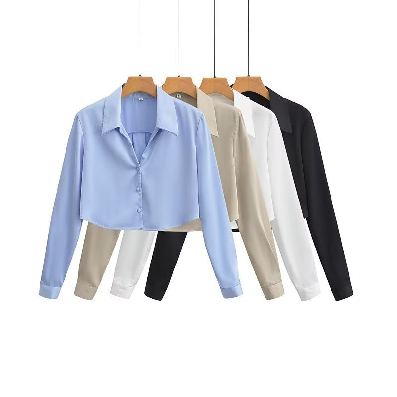 Damen Crop-Bluse mit elegantem Kragen und durchgehendem Knopfverschluss Heidi-Mode