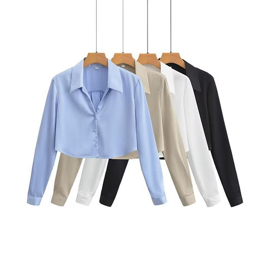 Damen Crop-Bluse mit elegantem Kragen und durchgehendem Knopfverschluss Heidi-Mode