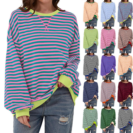 Damen lässiger Oversized Sweatshirt mit bunten Streifen und Kapuzenkordel Heidi-Mode