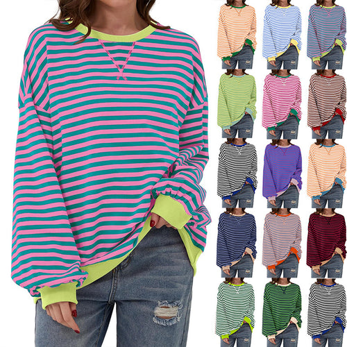 Damen lässiger Oversized Sweatshirt mit bunten Streifen und Kapuzenkordel Heidi-Mode