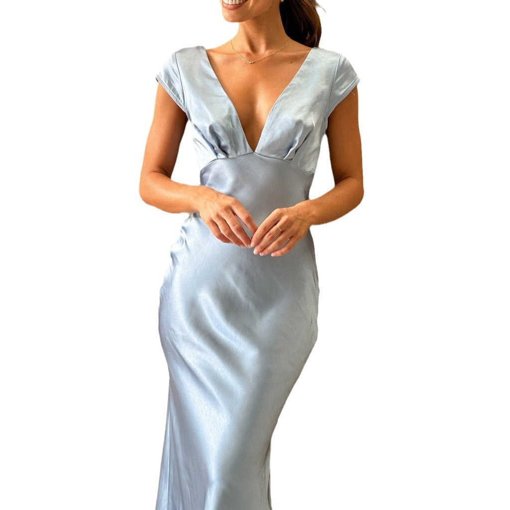 Damen langes Abendkleid mit schickem V-Ausschnitt und elegantem Fall Heidi-Mode