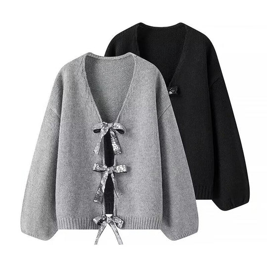 Damen luftige Strickjacke mit Schimmerndem Bindegürtel Heidi-Mode