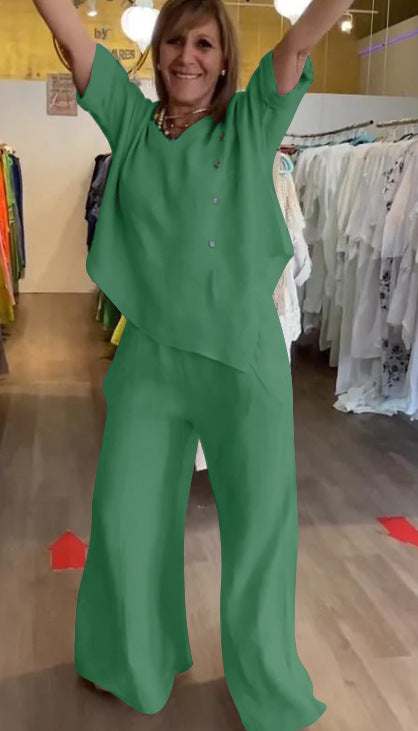 Damen luftiges Zweiteiler-Set mit asymmetrischem Oberteil und weit geschnittenen Hosen Heidi-Mode