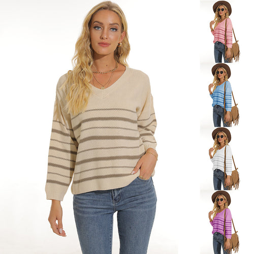 Damen lässiger Pullover mit modernem Streifenmuster und V-Ausschnitt Heidi-Mode