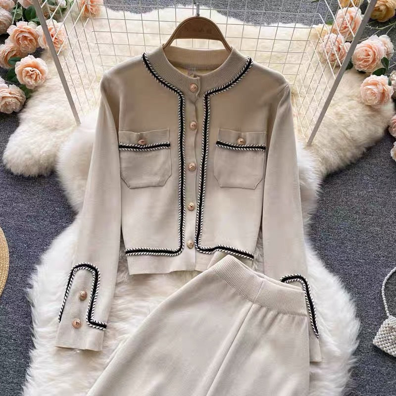 Damen elegantes Strick-Loungewear-Set mit feinen Knopfdetails und weitem Bein Heidi-Mode