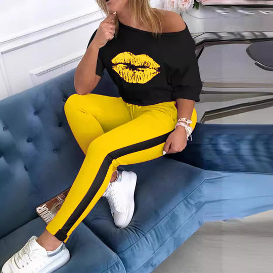 Damen Casual Grafik T-Shirt und Sport Leggings Set Heidi-Mode