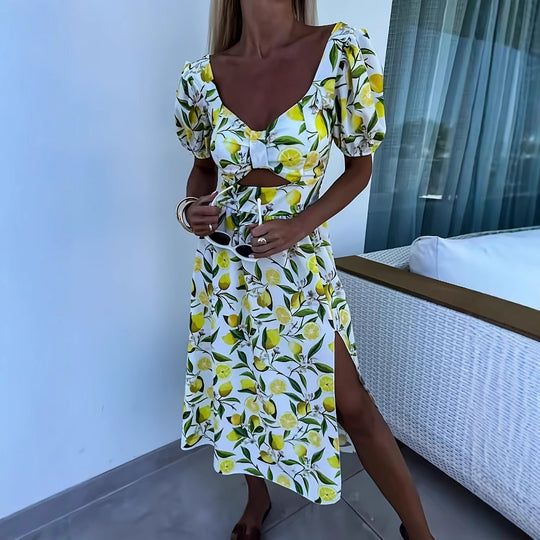 Damen Maxikleid mit fruchtigem Print und seitlichem Schlitz Heidi-Mode