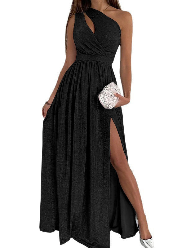 Damen elegantes Abendkleid mit asymmetrischem Ausschnitt und Seitenschlitz Heidi-Mode